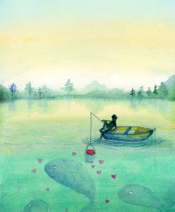 Waterverf illustratie in zachte groene en gele tinten. De illustratie toont een visser op een vredig meertje. Hij voert hartjes aan de walvissen in het meer.