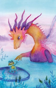 Aquarel illustratie voor het kinderboek Draak en kikker vinden elkaar lief. Gemaakt door Noor van de Wetering.