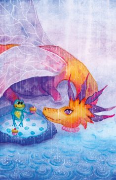 Aquarel illustratie voor het kinderboek Draak en kikker vinden elkaar lief. Op deze illustratie zie je dat draak en kikker samen schuilen in de regen en een cupcake eten. Gemaakt door Noor van de Wetering.