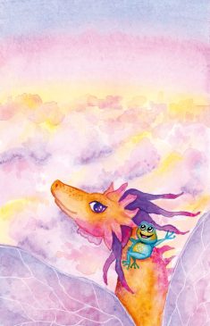 Aquarel illustratie voor het kinderboek Draak en kikker vinden elkaar lief door Noor van de Wetering. Draak en kikker vliegen samen door de lucht,omringd door roze, paarse en gele wolken.