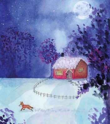 Een vos loopt rustig door een verlaten tuin in een winters landschap, terwijl een cottage in de verte te zien is. de volle maan werpt een zilveren gloed over het tafereel. Aquarel illustratie door Noor van de Wetering.