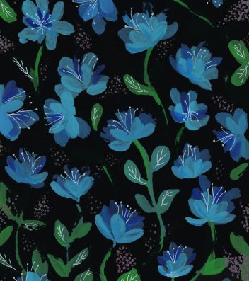Een betoverend blauw bloempatroon geschilderd op een zwarte achtergrond met acrylverf, een levendige explosie van kleur en contrast.
